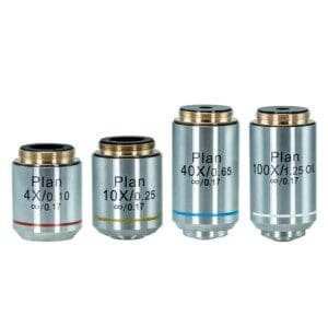 Kit de 4 objetivas Planacromaticas de ótica infinita, sendo 4x, 10x, 40x retratil e 100x retratil imersão para B50